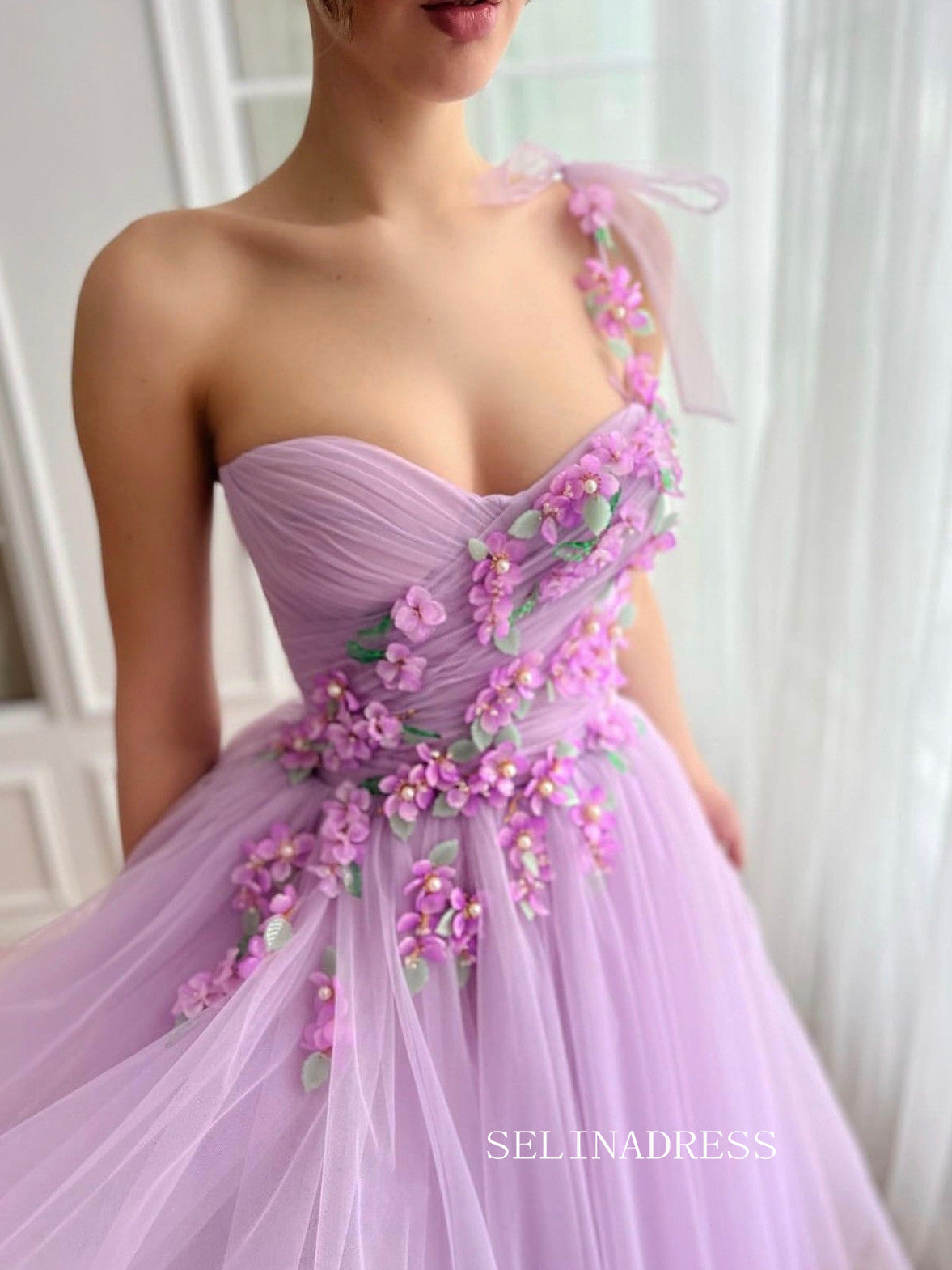 Lavender One Shoulder A-line Tea Length Floral Prom Dresses TUN015|Selinadress