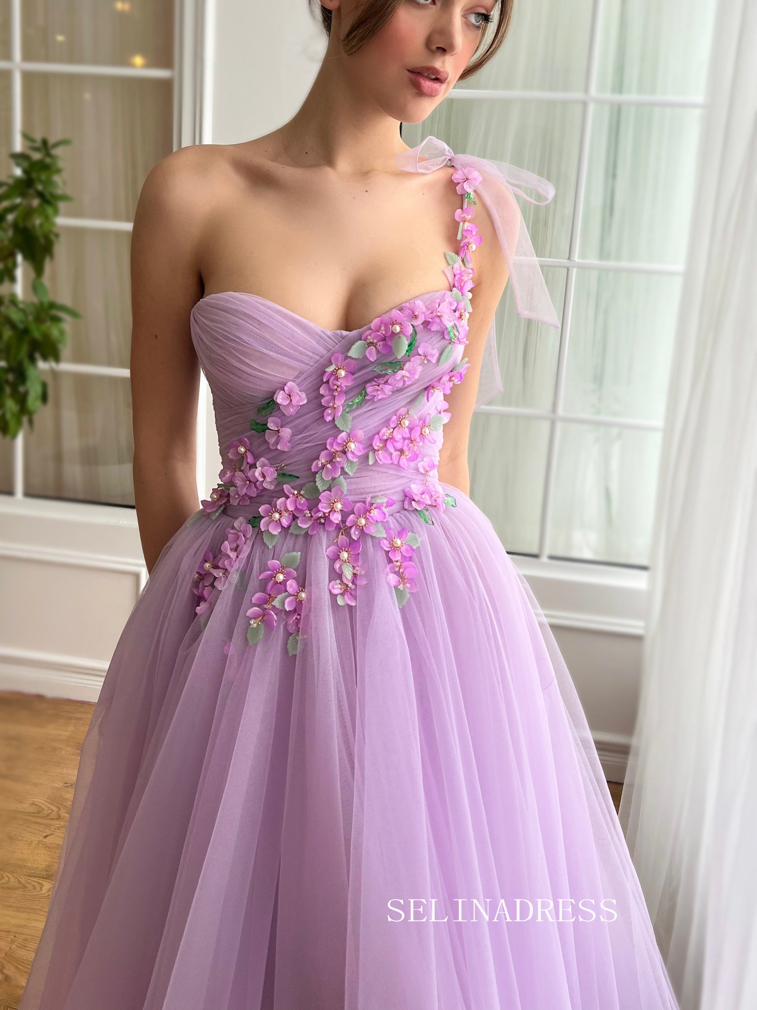Lavender One Shoulder A-line Tea Length Floral Prom Dresses TUN015|Selinadress