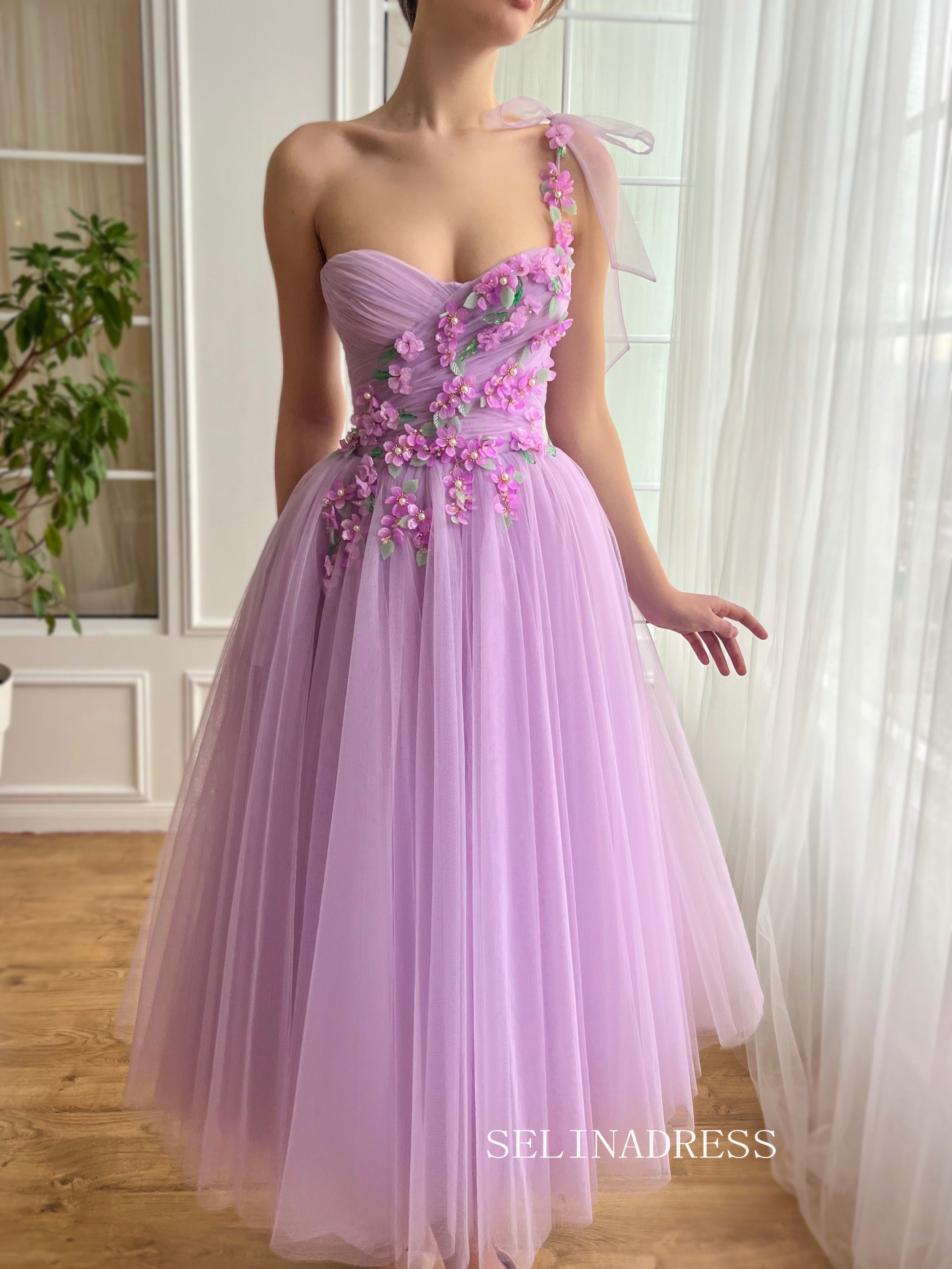 Lavender One Shoulder A-line Tea Length Floral Prom Dresses TUN015|Selinadress