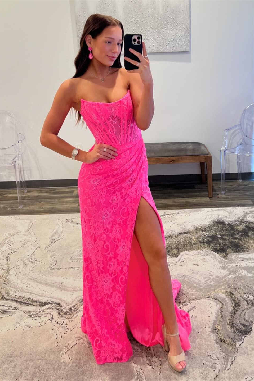Lavender Strapless Mermaid Ruched Lace Prom Dress with Slit lpk571 SELINADRESS Lavender Strapless Mermaid Ruched Lace Prom Dress with Slit lpk571 SELINADRESS