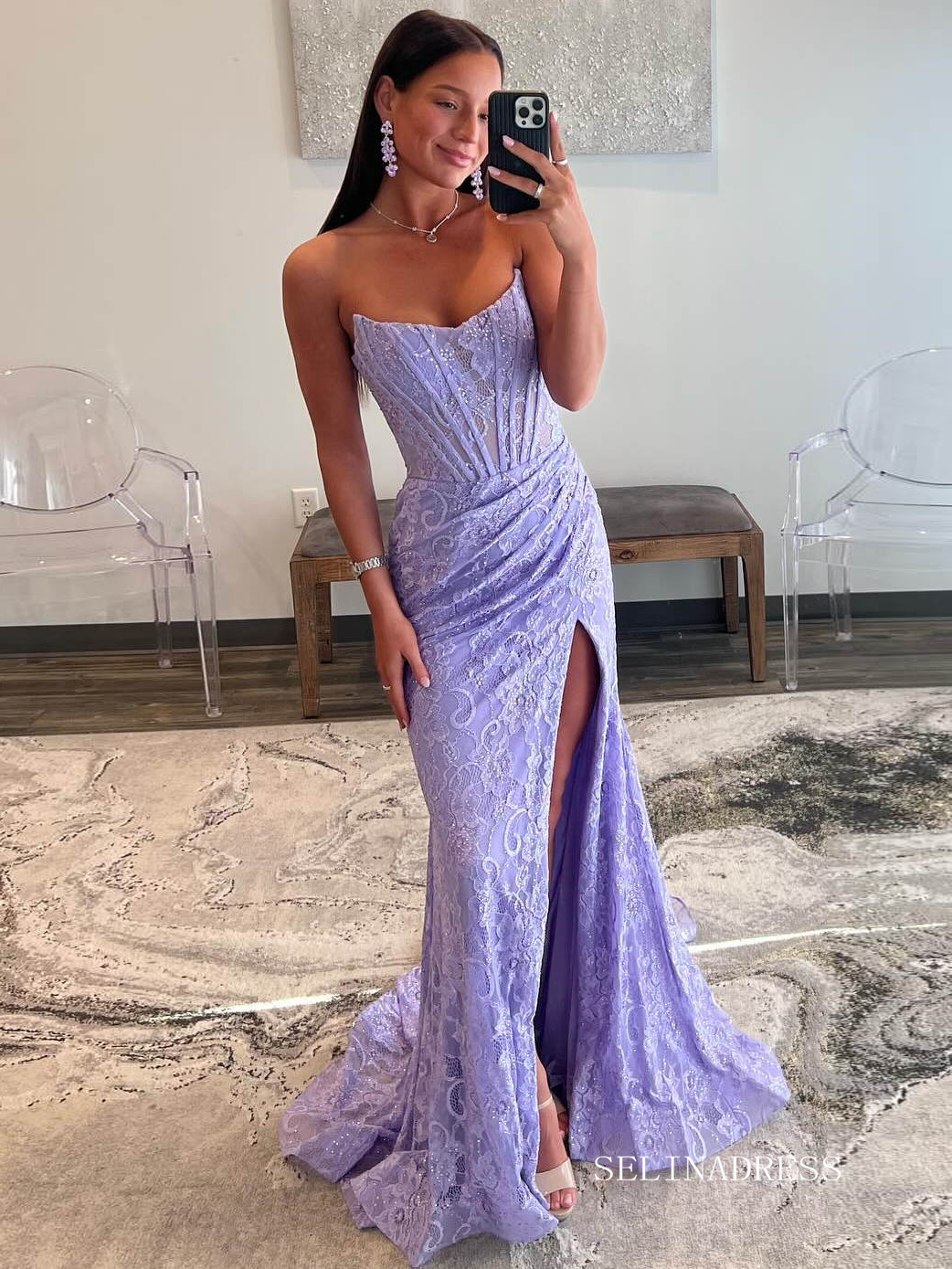 Lavender Strapless Mermaid Ruched Lace Prom Dress with Slit lpk571 Lavender Strapless Mermaid Ruched Lace Prom Dress with Slit lpk571