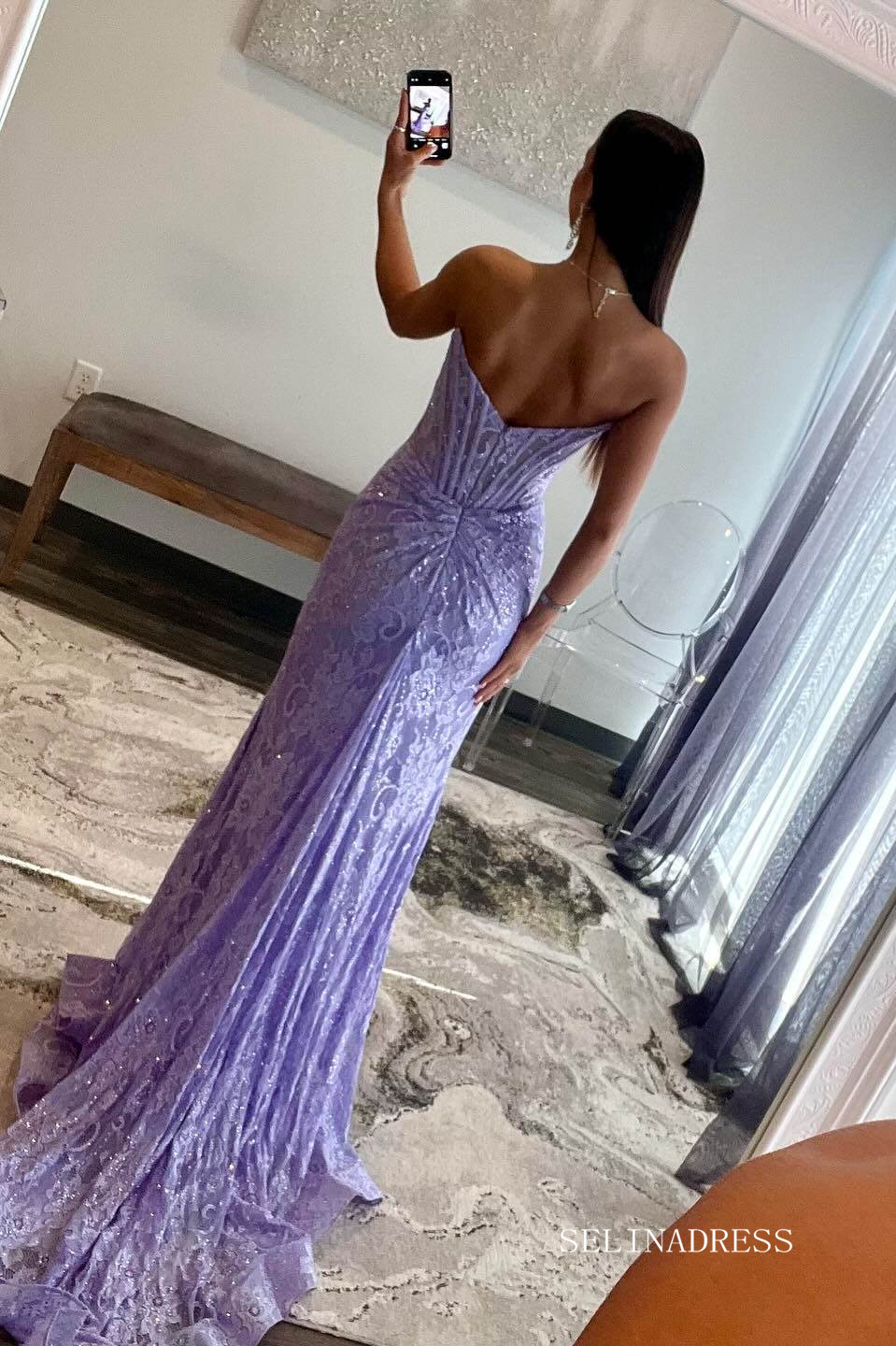 Lavender Strapless Mermaid Ruched Lace Prom Dress with Slit lpk571 SELINADRESS Lavender Strapless Mermaid Ruched Lace Prom Dress with Slit lpk571 SELINADRESS