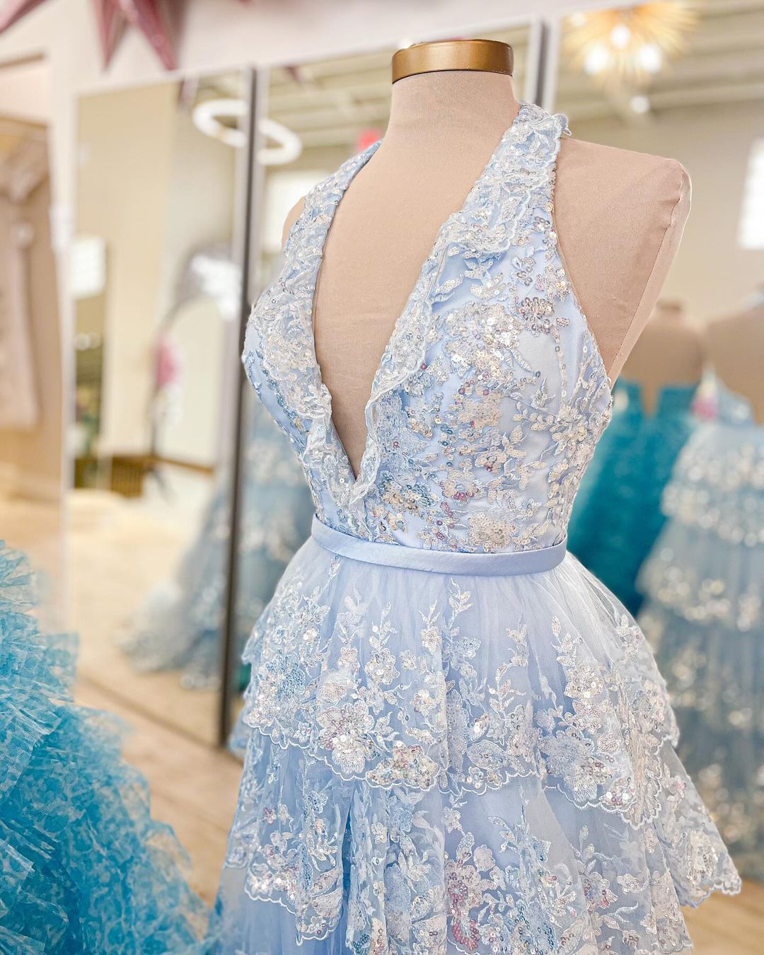 Light Blue Halter Ruffle Long Formal Dress with Appliques sew0311 SELINADRESS Light Blue Halter Ruffle Long Formal Dress with Appliques sew0311 SELINADRESS