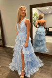 Light Blue Halter Ruffle Long Formal Dress with Appliques sew0311|Selinadress