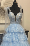 Light Sky Blue Tulle Appliques Straps Ruffle Tiered Long Prom Dress lpk911|Selinadress