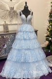 Light Sky Blue Tulle Appliques Straps Ruffle Tiered Long Prom Dress lpk911|Selinadress