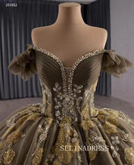 Luxury Off-the-shoulder Ball Gown Floral Beaded Long Prom Dress Quincess Dress 251052|Selinadress