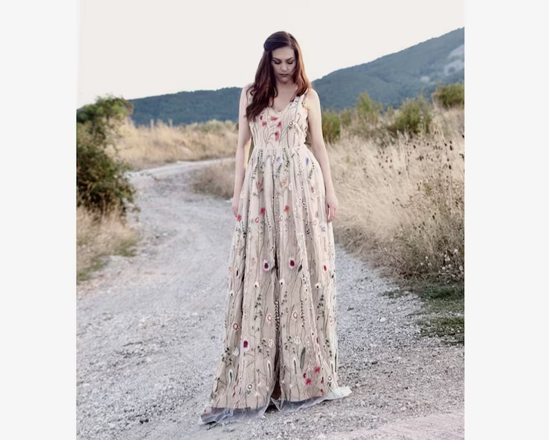 Chic A-line V neck Embroidery Long Prom Dress Beautiful Boho Formal Go SELINADRESS Chic A-line V neck Embroidery Long Prom Dress Beautiful Boho Formal Go SELINADRESS