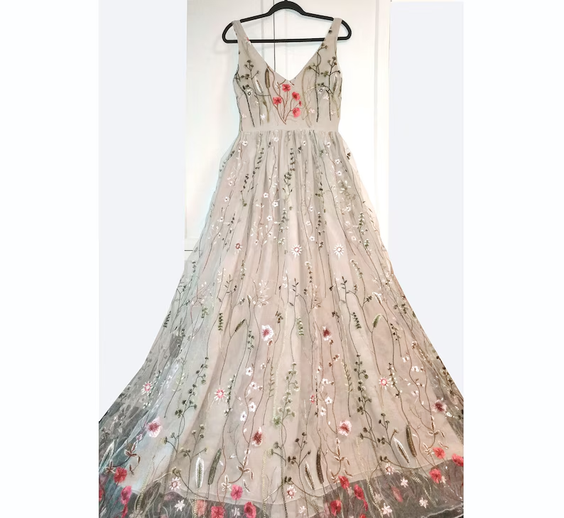 Chic A-line V neck Embroidery Long Prom Dress Beautiful Boho Formal Go SELINADRESS Chic A-line V neck Embroidery Long Prom Dress Beautiful Boho Formal Go SELINADRESS