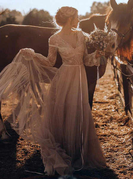 Chic A-line V neck Boho Wedding Dress With Long Sleeve Rustic Lace Bridal Gowns MLH0491 Chic A-line V neck Boho Wedding Dress With Long Sleeve Rustic Lace Bridal Gowns MLH0491
