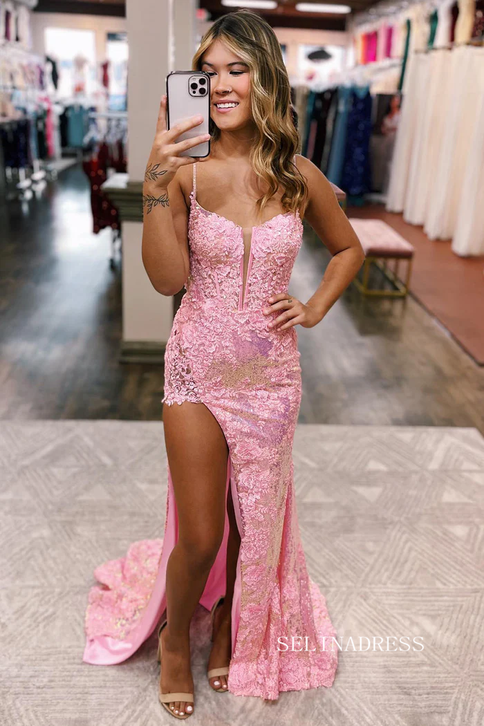 Mermaid Spaghetti Straps Red Long Prom Dresses Thigh Split Beaded Even SELINADRESS Mermaid Spaghetti Straps Red Long Prom Dresses Thigh Split Beaded Even SELINADRESS
