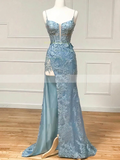 Mermaid Spaghetti Straps Red Long Prom Dresses Thigh Split Beaded Evening Dresses MLK044