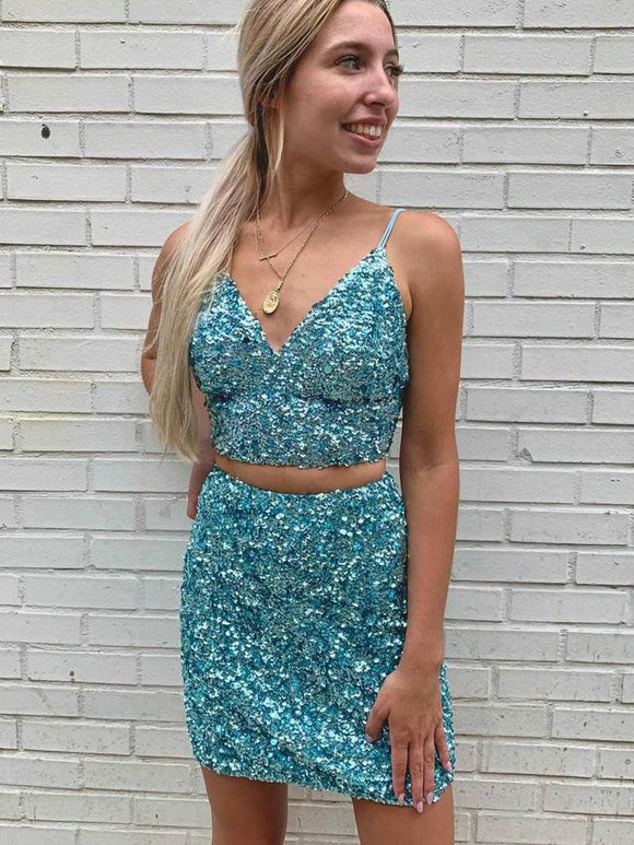 V neck Spaghetti Straps Two Pieces Homecoming Dress Blue Cute Short Prom Dress MLK05172|Selinadress