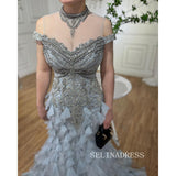 Mermaid High Neck Dusty Blue Beaded Prom Dresses Luxury Evening Gowns LA72164|Selinadress