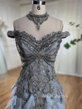Mermaid High Neck Dusty Blue Beaded Prom Dresses Luxury Evening Gowns LA72164|Selinadress