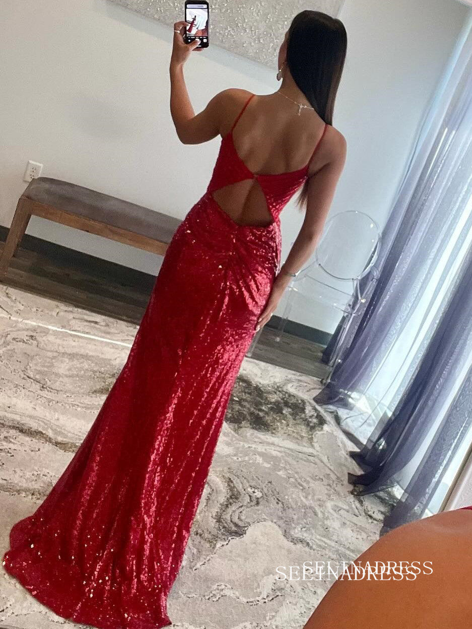 Mermaid Red Sequin Plunge V Backless Maxi Dress with Slit lpk808 SELINADRESS Mermaid Red Sequin Plunge V Backless Maxi Dress with Slit lpk808 SELINADRESS