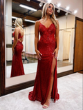 Mermaid Red Sequin Plunge V Backless Maxi Dress with Slit lpk808|Selinadress