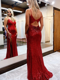 Mermaid Red Sequin Plunge V Backless Maxi Dress with Slit lpk808|Selinadress