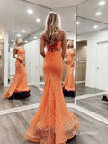 Mermaid Spaghetti Straps Orange Lace Long Prom Dress Cheap Evening Dresses LPK178|Selinadress