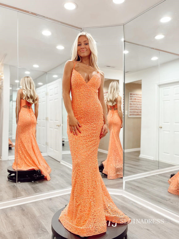 Mermaid Spaghetti Straps Orange Lace Long Prom Dress Cheap Evening Dresses LPK178|Selinadress