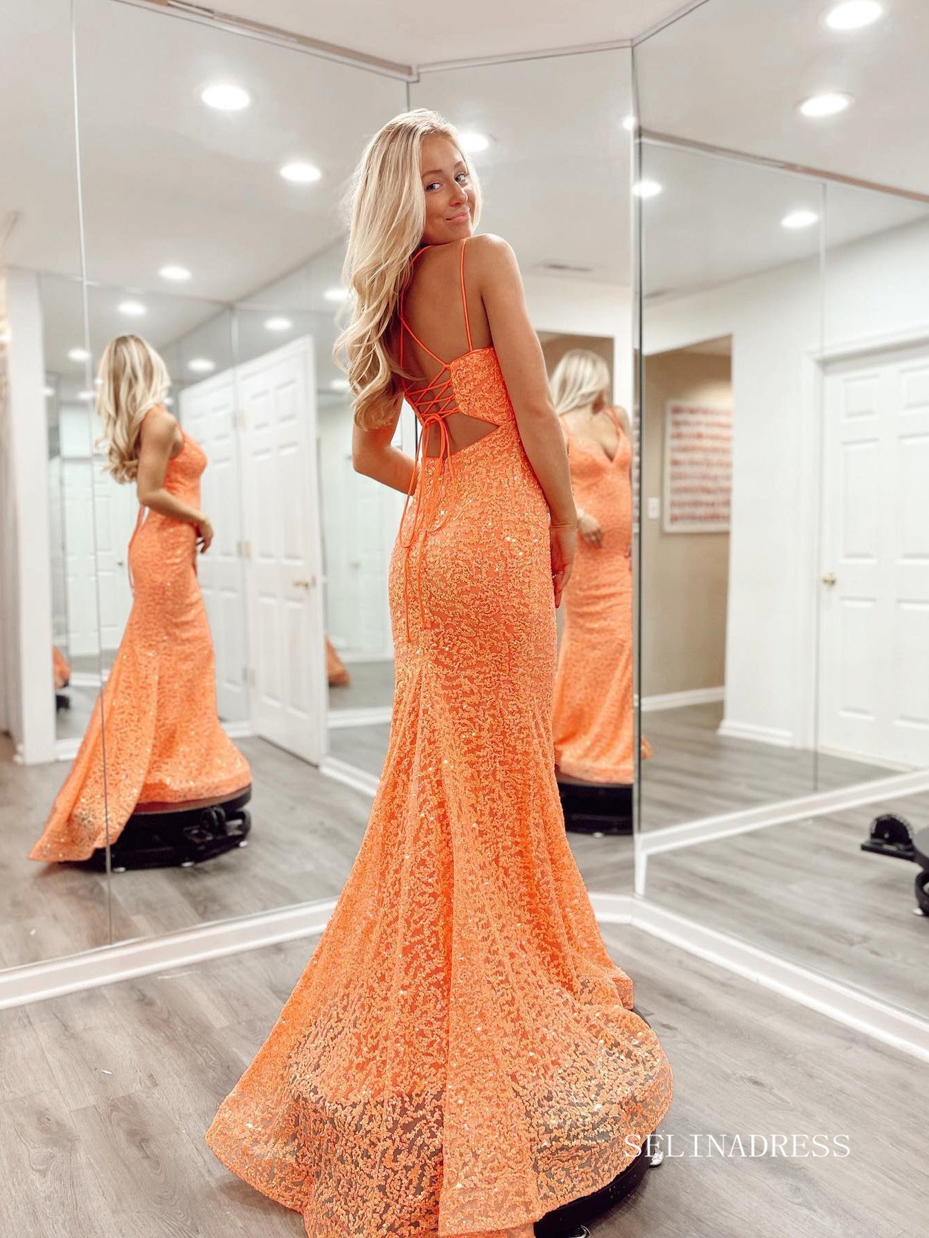Mermaid Spaghetti Straps Orange Lace Long Prom Dress Cheap Evening Dre – SELINADRESS Mermaid Spaghetti Straps Orange Lace Long Prom Dress Cheap Evening Dre – SELINADRESS
