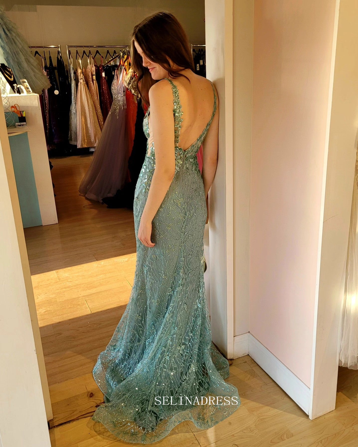 Mermaid V neck Sparkly Grey Green Prom Dress with Beading sew1066 SELINADRESS Mermaid V neck Sparkly Grey Green Prom Dress with Beading sew1066 SELINADRESS