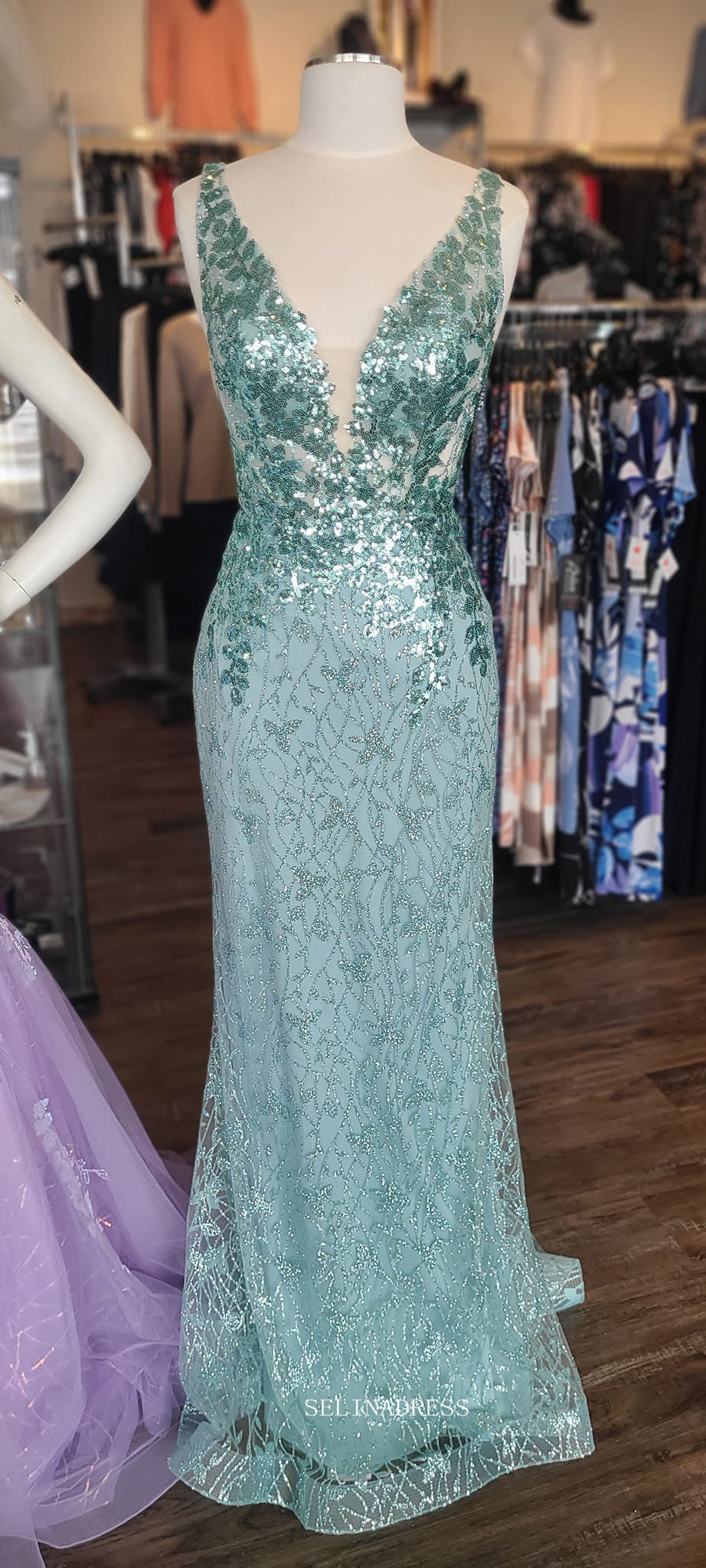 Mermaid V neck Sparkly Grey Green Prom Dress with Beading sew1066 SELINADRESS Mermaid V neck Sparkly Grey Green Prom Dress with Beading sew1066 SELINADRESS