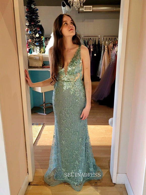 Mermaid V neck Sparkly Grey Green Prom Dress with Beading sew1066|Selinadress