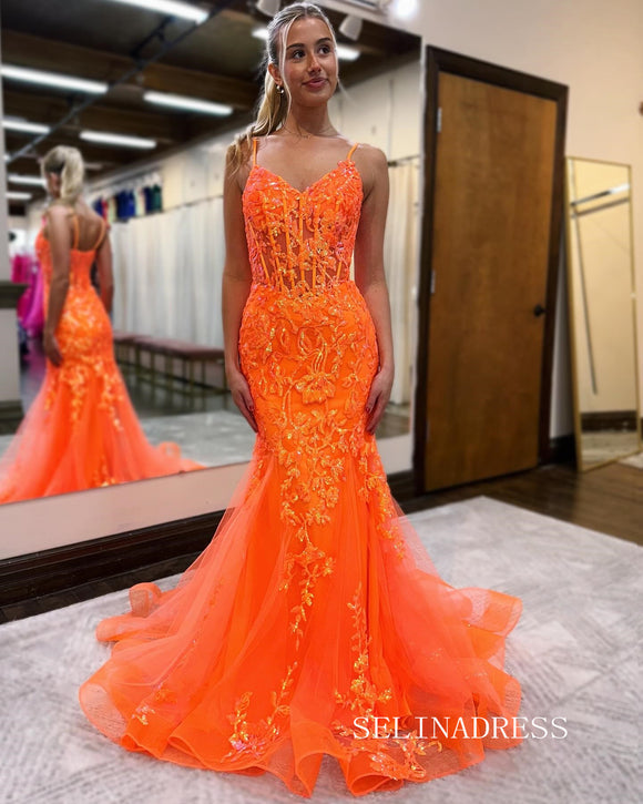 Mermaid Spaghetti Straps Orange Tulle Lace Long Prom Dresses lpk557|Selinadress