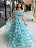 Off-the-shoulder A-line Tulle Prom Dresses Green Floral Evening Dress sew1002|Selinadress