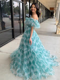 Off-the-shoulder A-line Tulle Prom Dresses Green Floral Evening Dress sew1002|Selinadress