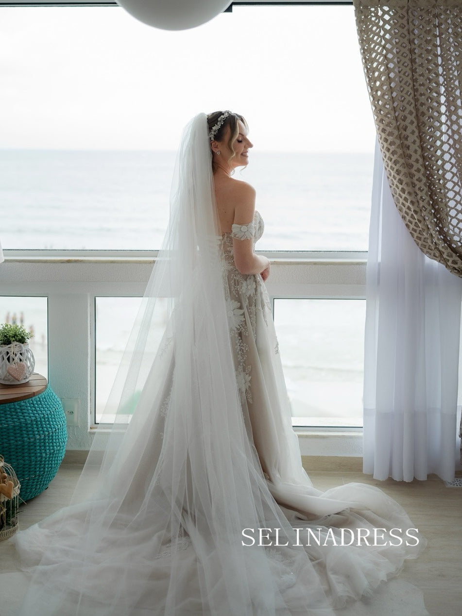 Off-the-shoulder Lace Wedding Dresses Floral Beaded Bridal Gowns CBA009|Selinadress