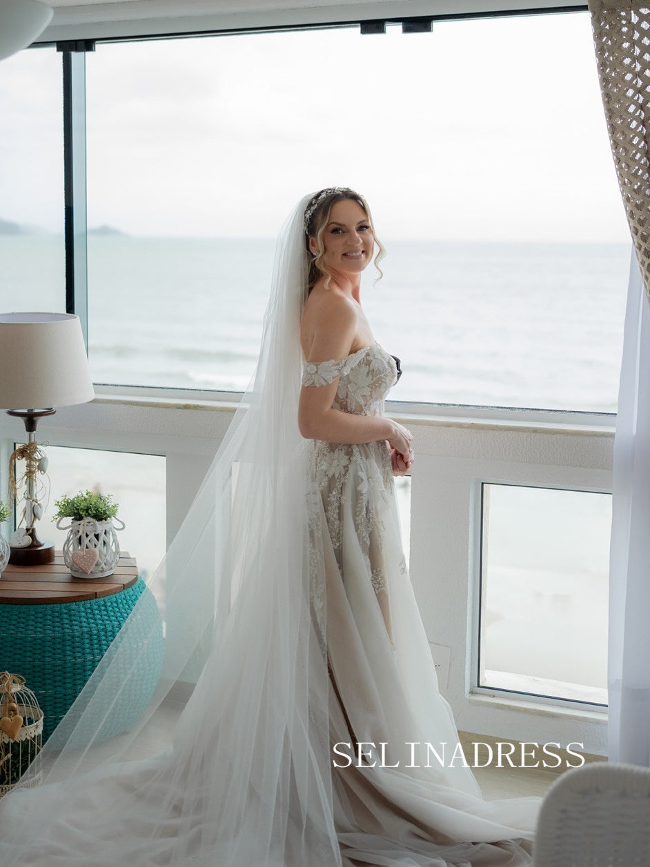 Off-the-shoulder Lace Wedding Dresses Floral Beaded Bridal Gowns CBA009|Selinadress