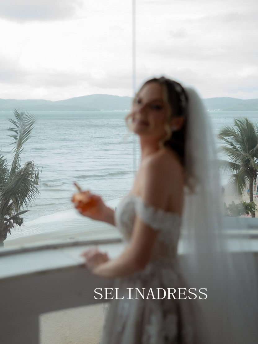 Off-the-shoulder Lace Wedding Dresses Floral Beaded Bridal Gowns CBA009|Selinadress