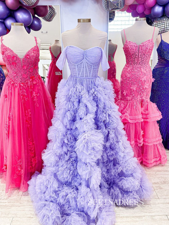 Off-the-shoulder Lavender Ruffles Long Prom Dress lpk904|Selinadress