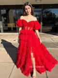 Off-the-shoulder Orange Ruffles Tulle Long Prom Dress With Slit lpk923|Selinadress