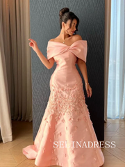 Off-the-shoulder Pink Long Prom Dress Satin Evening Dresses REN013|Selinadress