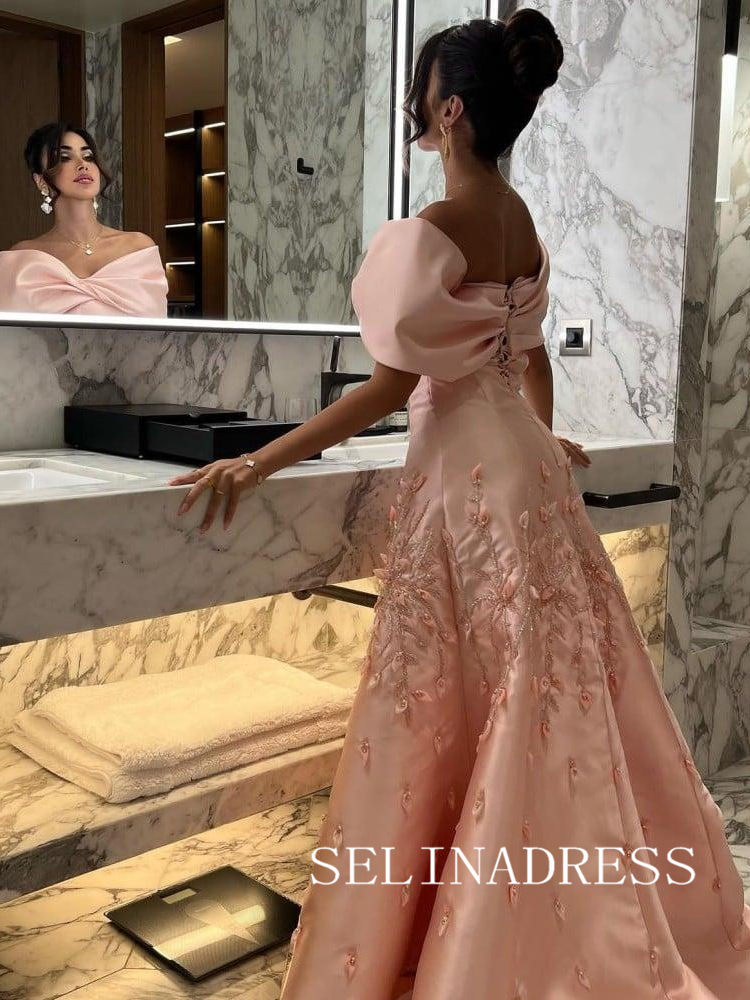 Off-the-shoulder Pink Long Prom Dress Satin Evening Dresses REN013|Selinadress