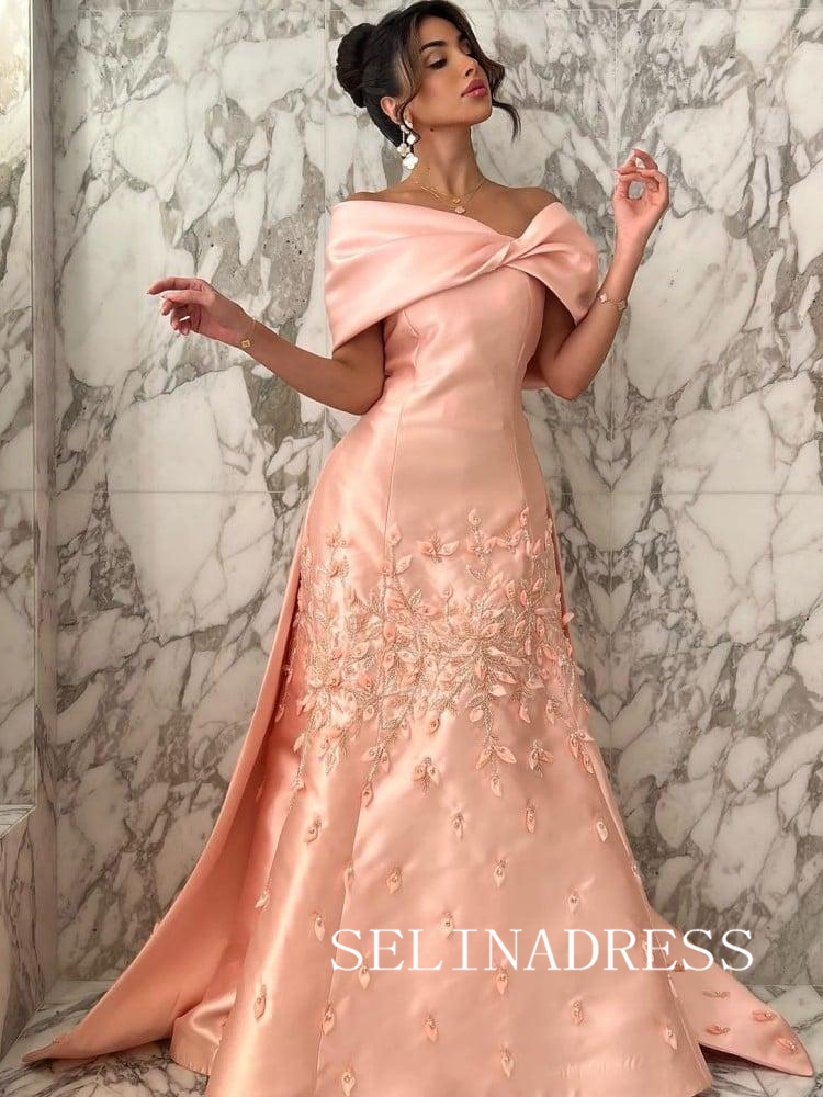 Off-the-shoulder Pink Long Prom Dress Satin Evening Dresses REN013|Selinadress