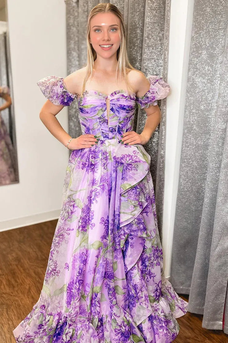 Off-the-shoulder Purple Floral Long Prom Dresses Evening Dresses SEA056|Selinadress