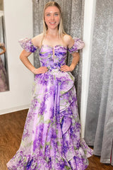 Off-the-shoulder Purple Floral Long Prom Dresses Evening Dresses SEA056|Selinadress