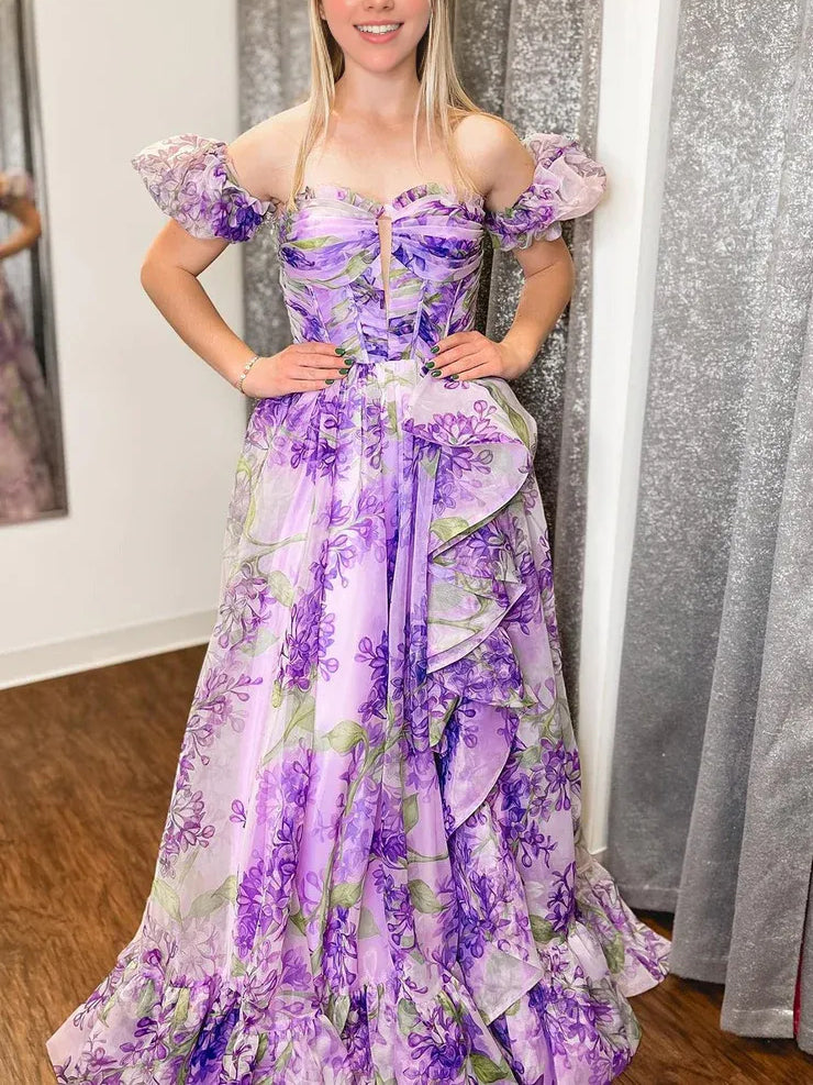 Off-the-shoulder Purple Floral Long Prom Dresses Evening Dresses SEA056|Selinadress
