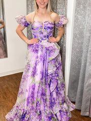 Off-the-shoulder Purple Floral Long Prom Dresses Evening Dresses SEA056|Selinadress