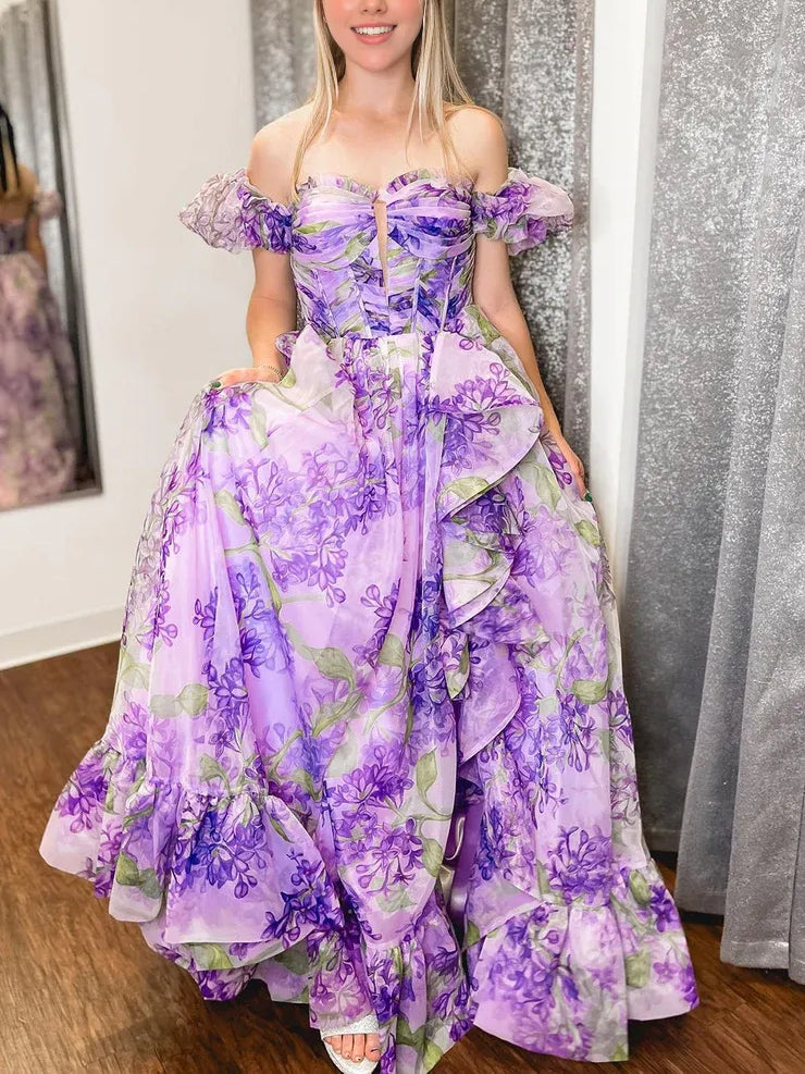 Off-the-shoulder Purple Floral Long Prom Dresses Evening Dresses SEA056|Selinadress