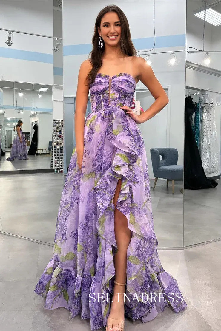 Off-the-shoulder Purple Floral Long Prom Dresses Evening Dresses SEA056|Selinadress