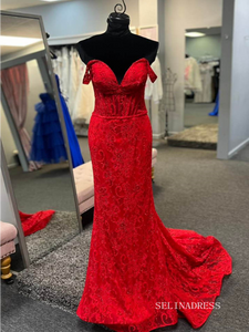 Off-the-shoulder Red Beaded Cheap Lace Prom Dresses lpk575|Selinadress