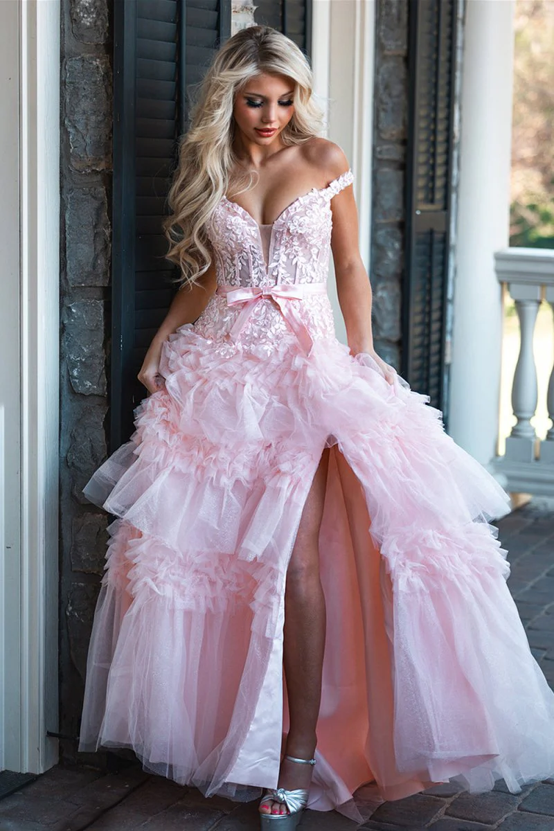 Off-the-shoulder Glitter Tulle Ball Gowns Lace Long Prom Dress Layered SELINADRESS Off-the-shoulder Glitter Tulle Ball Gowns Lace Long Prom Dress Layered SELINADRESS