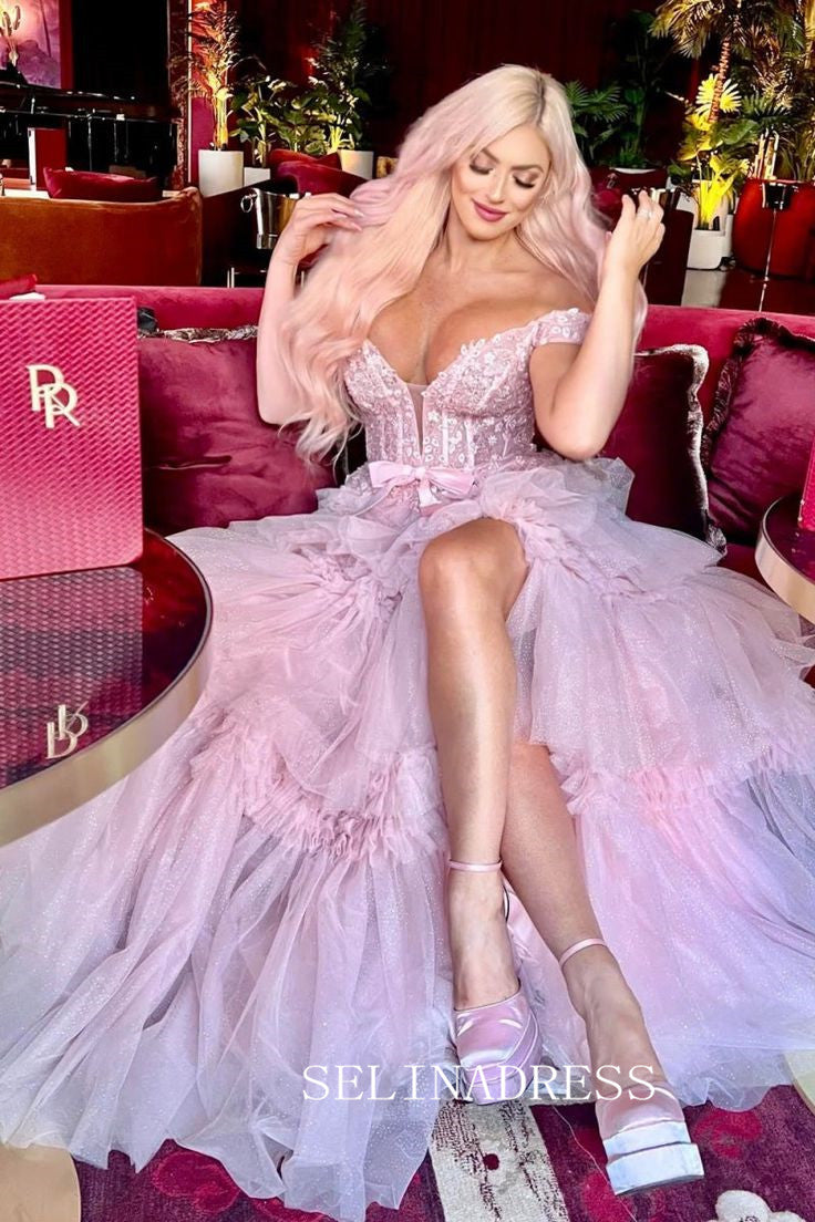 Off-the-shoulder Glitter Tulle Ball Gowns Lace Long Prom Dress Layered SELINADRESS Off-the-shoulder Glitter Tulle Ball Gowns Lace Long Prom Dress Layered SELINADRESS