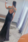 Off the Shoulder Halter Beaded Mermaid Black Prom Dress lpk573|Selinadress