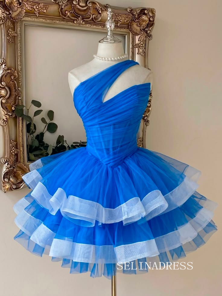 One Shoulder Blue Tulle Short Prom Dress Evening cok080|Selinadress